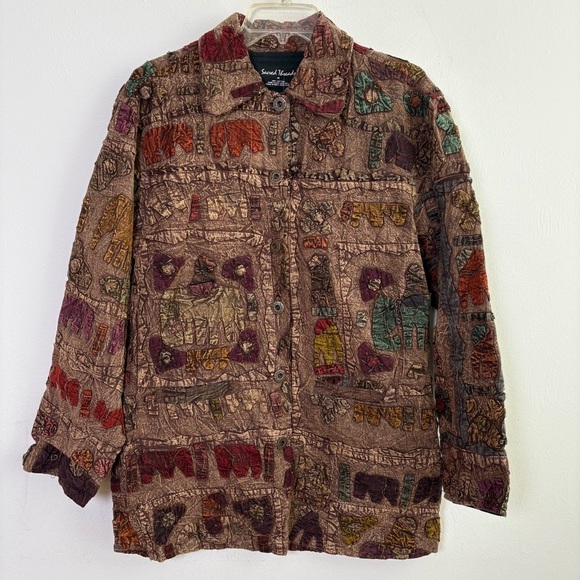 SACRED THREADS Cotton Embroidered Jacket Boho Artsy Animals Elephants Giraffes M - Picture 1 of 16